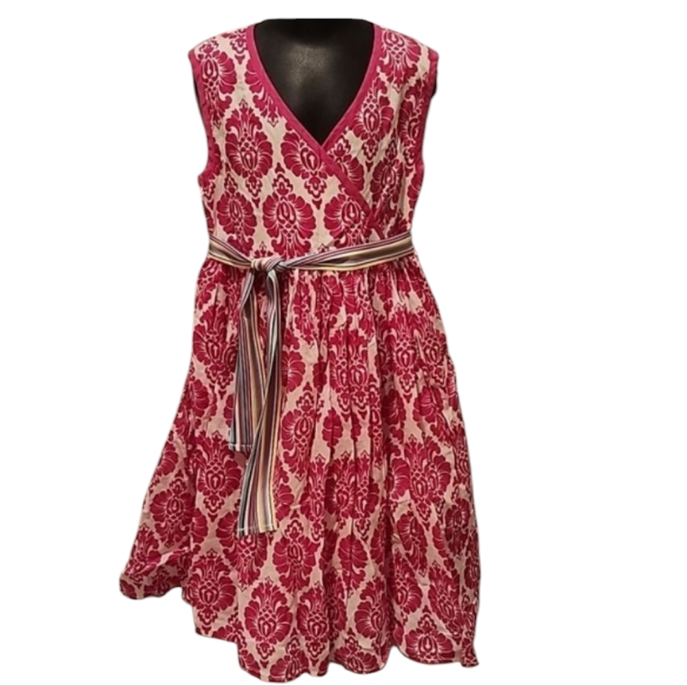 Joules Pink and White Floral Toile Print with a Rainbow Belted Waist Dress